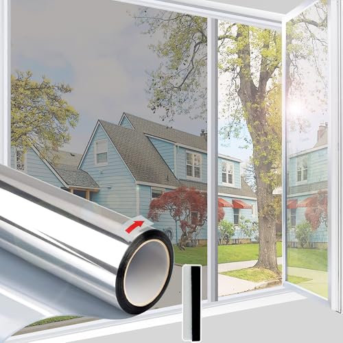 Linarun One Way Window Film Privacy 44.5x400 Privacy Film for Glass Windows Heat Reflective Window Film, Anti Glare UV Window Tint Film Home, Non-Adhesive, Static Cling, Silver