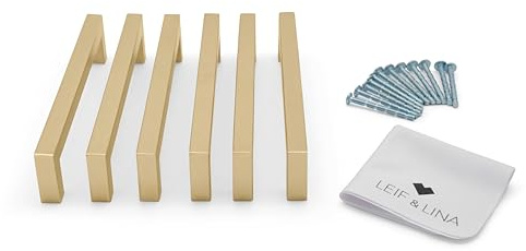 Leif&Lina Moderne Edelstahl Türgriffe 6 Stück Gold (17,1 cm) – Ergonomische Möbelschrankgriffe für Küchenschränke & Türen, inkl. Schrauben & Poliertuch