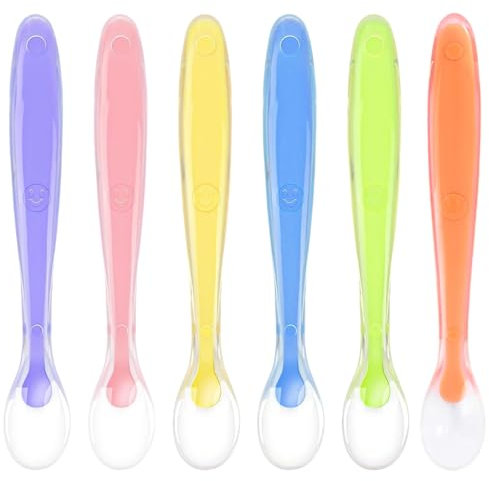 6 PCS Cuillere Bebe Silicone,Cuillère à Soupe avec Embouts en Silicone Souple,Cuillère pour Bébé,sans BPA, pour l'Alimentation et le Sevrage de Bébé, 6 mois,Rose+Bleu+Vert+Orange+Jaune+Violet