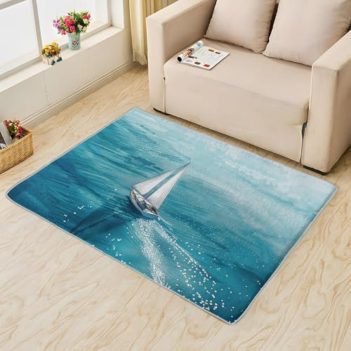 UUZEAI Tappeto a forma di barca a vela nautica per camera da letto e soggiorno, tappeto decorativo per la casa con motivo oceanico, tappeti per interni lavabili e antiscivolo, 80x160cm