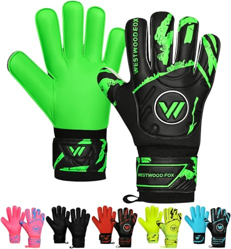WESTWOOD FOX Goalkeeper Gloves,Finger Protection Soccer Goalie Gloves for Kids,Youth,Adults,Heavy Grip Palm with Dumbo latex 4+3 mm,Wrist Support (BLACK-GREEN, Size 7 suitable for 10 to 13 Years old)