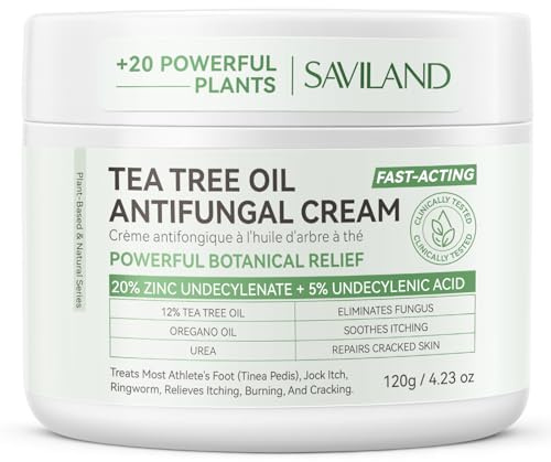SAVILAND Antifungal Cream FSA-HSA Max Strength: 25% Undecylenic Acid Anti Fungal Cream for Skin-Foot Fungus Treatment for Athletes Foot Jock Itch Ringworm Comfort with Tea Tree & Oregano Oil 4.23 oz