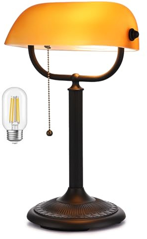 Newrays 1-Minute Quick-Change Shade Antique Matted Amber Glass Bankers Desk Lamp,Plug in Fixture for Study, Office, Library,LED Bulb Included