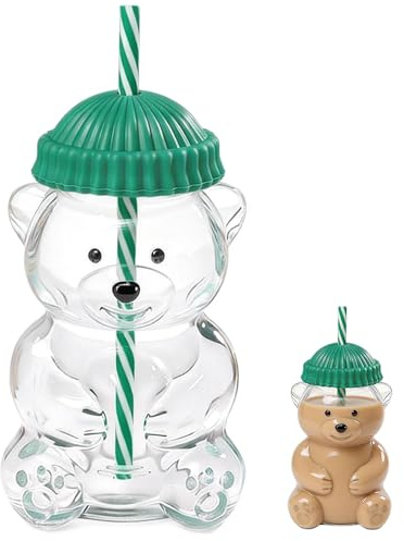 WDKXCN Bear Cup, 2025 New Cute Transparent Bear Glass, 600ML Glass Bear-Shaped Cup with Lid and Straw, Cute Teddy Bears Cups for Coffee, Drinks, Milk Tea, Smoothie, Whiskey
