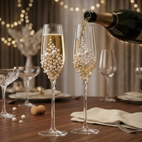 Champagne Flutes Glasses Set of 2, Bride and Groom Wedding Toasting Champagne Glasses Embellished with Crystal or Pearl Elegant Tall Celebration Glassware or Weddings, Parties & Bars(Style A)