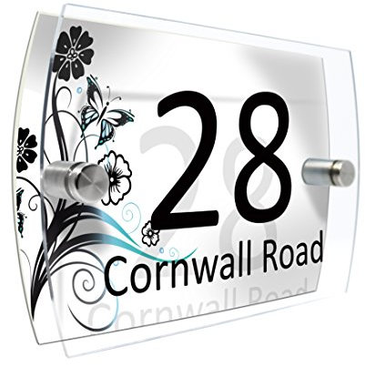 Personalised House Number Sign Printed Plaque Garden Glass Effect Acrylic Sign Door Plate Marble Wall Display 2 Part Branded Acrylic (Colourful summer flowers in blue and black)