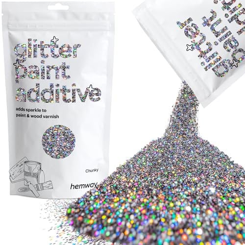 Hemway Glitter Paint Additive - Gun Metal Grey Holographic | Chunky Metallic Flakes for Adding Sparkle to Paints & Wood Varnish | Add to Emulsion, Acrylic & Latex for Indoor Sparkly Walls | 100 g