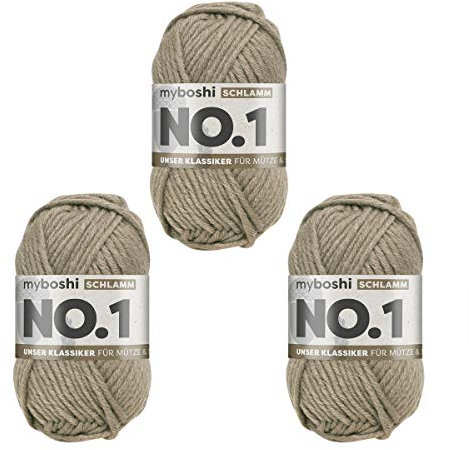 myboshi No.1-Wolle zum Häkeln und Stricken, Schnellstrickgarn, langlebige Mützenwolle, Mulesing-frei, 50g, Ll 55m Braun (Schlamm) 3 Knäuel