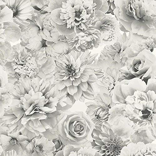 YöL Glitter Bloom Floral Wallpaper Silver Grey White Flowers Botanical