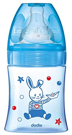 Dodie - Biberon Anti-Colique Initiation+ , Bleu Bateau , 150ml, 0-6 mois, Tétine Ronde, Débit 1