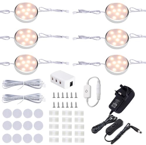 LABOREDUCER Under Cabinet Lights 6 Pack, LED Puck Lights with Touch Dimmer | 12V Under Counter Lights with Touch Control ＆ 6000K Warm White, Easy Installation for Kitchen, Cupboard, Cabinet lighting