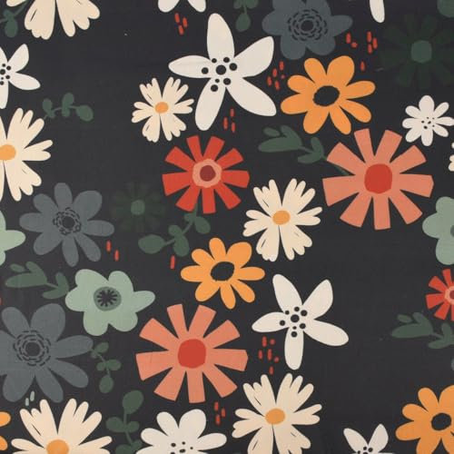 SCHÖNER LEBEN. Dekostoff Baumwollstoff Halbpanama Blumen Blüten schwarz bunt 1,40m