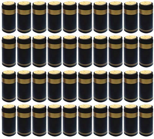 DOITOOL 200 Stück Weinflaschenverschlüsse Weinflasche Schrumpfkapseln Wein Wärme schrumpfbar Kappe Rotwein Schrumpffolie Nützliches Weinzubehör – Gerader Mund Flasche Stil (schwarz, goldener Rand)