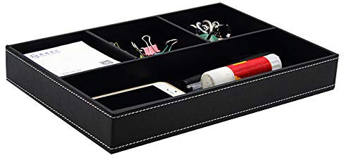 1 x Hombres Cuero Sintético Bandeja, Bandeja de Mesa de Noche y Tocador, Organizador de piel Bandeja con 4 Compartimentos, Bandeja Organizador para Llaves, Gemelos, Reloj,Teléfono