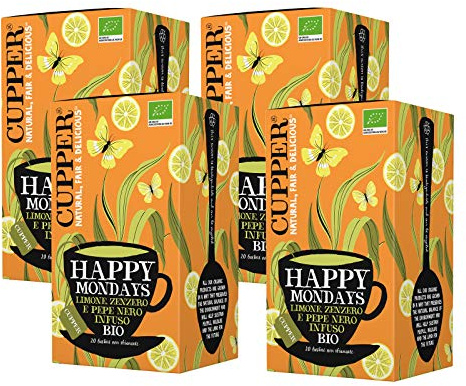 CUPPER Happy Mondays Infuso Bio Limone Zenzero 4x20 Bustine (80 tot) | Con pepe nero, tisana energizzante, gusto speziato, filtri biodegradabili e non sbiancati, biologico, 100% naturale