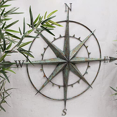 Rustic Compass Green Antique Wall Art Garden Vintage Sculpture Plaque Decor 95cm