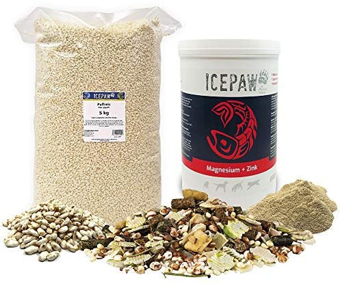 ICEPAW Barf Kombipaket für Hunde: Puffreis 5 kg I Magnesium+Zink 650 g I Barf Müsli 1 kg