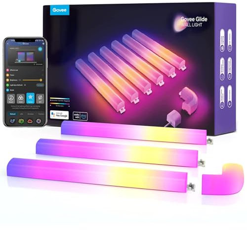Govee Glide RGBIC Smart Wall Light, Music Sync LED Gaming Light with 40+ Dynamic Scenes for Decoration, Alexa and Google Assistant, 6 Pcs and 1 Corner