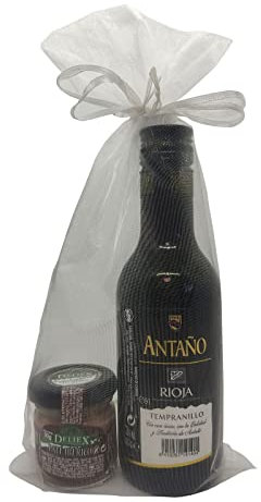 Detalles para bodas, comuniones, bautizos y eventos en general con mini botella de vino Rioja Antaño 18,7 cl y paté ibérico de 30 gr en bolsa de organza.