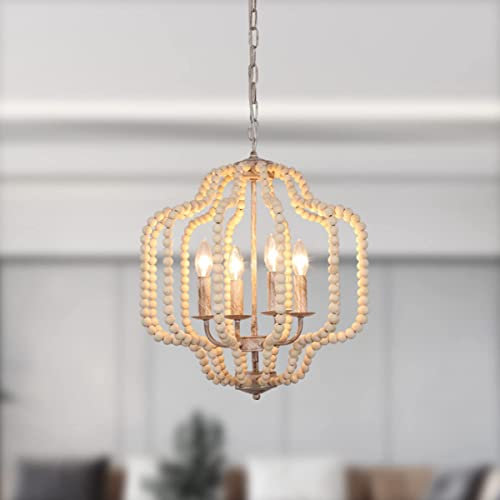 Eoodis Vintage Pendelleuchte Holzperlen Kronleuchter 4 Licht Retro Bauernhaus Kronleuchter Weiß Kronleuchter für Esszimmer, Küche, Schlafzimmer (Glühbirne nicht im Lieferumfang enthalten)