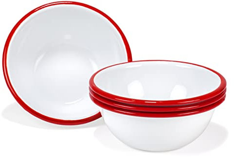Red Co. Set of 4 Enamelware Metal Classic 20 oz Round Cereal Bowl, Solid White/Red Rim