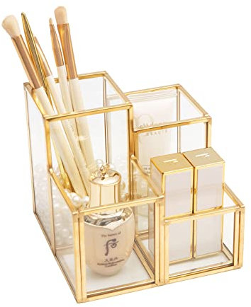 SLHEQING Make Up Organizer Gold, Schminktisch Organizer, 4 Fächer Kosmetik Krganizer, Vintage Pinselhalter für Nagellack, Lippenstifte, Kosmetikpinsel