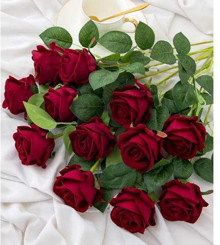 Hawesome 12PCS Artificial Flowers Fake Roses, Realistic Velvet Long Stem Red Roses Bouquet for Wedding Centerpiece Home Decor Party & Valentines (Wine)