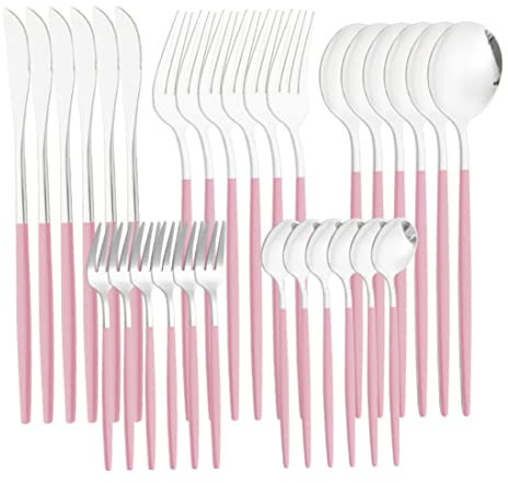 NIDONE Juego de Cubiertos de 30 Piezas de Acero Inoxidable Juego de Cubiertos de Mesa Incluye Cuchillos Tenedores cucharas, Juego de Cubiertos Familiar para 5 Personas (Rosa/Plata)