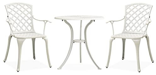 Gecheer Bistro Set 3 teilig Balkonset Sitzgruppe Runder Gartentisch mit 2 Stühlen Gartengarnitur Gartenmöbel Aluminiumguss Weiß