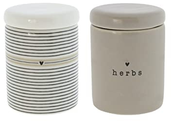 Bastion Collections Vorratsbehälter-Set Stripes & Herbs mit Deckel 2tlg. Set Verschiedene Motive Keramik Weiss titane Aufbewahrung Küchenaccessoires BC Jars, Mehrfarbig, H8cm
