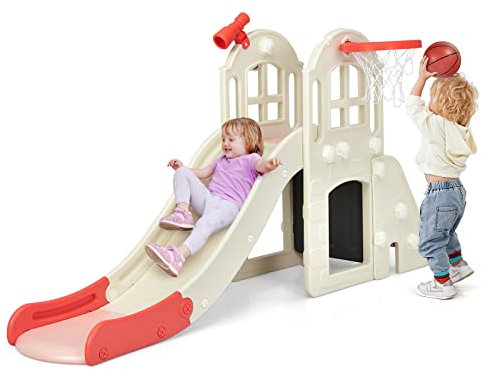 COSTWAY 6 en 1 Toboggan Enfants avec Glisse 140cm & Panier de Basketball, Aire de Jeux avec Echelle d’Escalade & Télescope, Jeu Intérieur Extérieur pour Enfants de 3-8 Ans