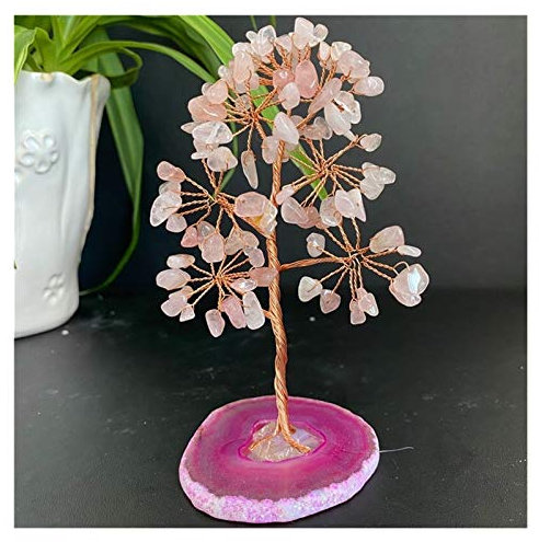Money Tree Natürlicher Kristall Glücksbaum Amethyst Rose Quarz Edelstein Tree Handgemachte Baumdekoration Achat Scheiben Stein Mineral Ornamente Büro Dekor Feng Shui Decor Tree ( Color : Rose Quartz )