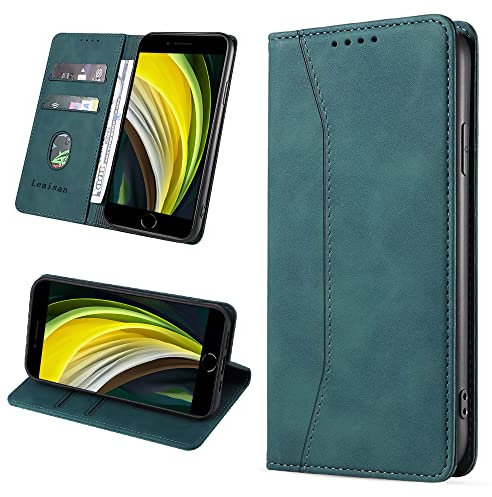 Leaisan Handyhülle für iPhone SE 2022/iPhone SE 2020 Hülle, iPhone 8/iPhone 7 Hülle Premium Leder Flip Klappbare Stoßfeste Magnetische [Standfunktion] [Kartenfächern] Schutzhülle Tasche - Malachitgrün