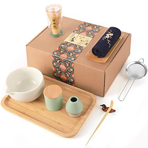 Artcome Japanese Matcha Tea Set, Matcha Bowl with Pouring Spout, Tea Tray, Matcha Whisk, Ceramic Whisk Holder, Matcha Powder Caddy, Handmade Matcha Ceremony Kit for Japanese Tea Ceremony (10Pcs)