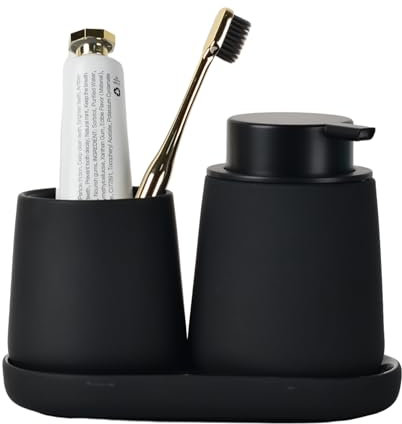 UMLACA Black Bathroom Accessories Set 3 pcs - Ceramic Foaming Bathroom Soap Dispenser Set Farmhouse Black Bathroom Decor, Foam Soap Dispenser and Toothbrush Holder/Tumbler Cup, Tray