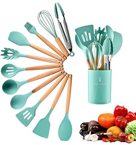 12pcs Silicone Cooking Utensil Set,BPA Free Non-Stick Silicone Cooking Kitchen Utensils with Wooden Handle,Heat Resistant Kitchen Gadgets Utensil Set with a Storage Bucket