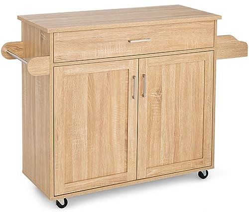 GiantexUK Kitchen Island Cart, Rolling Storage Serving Trolley with Large Drawer, Adjustable Shelf and Towel Rack, Utility Storage Cabinet Unit for Dining Room (Natural, 116 x 40 x 85 cm)