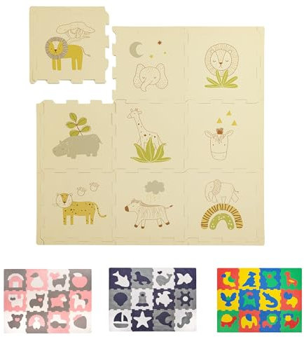 Stylische Puzzlematte Baby 0,9 x 0,9 m Safari Tiere – 9 Platten à 30x30cm – 20% dickere & weichere Spielmatte – schadstofffreie, geruchlose, Pflegeleichte Baby Krabbelmatte – plastikfreie Verpackung