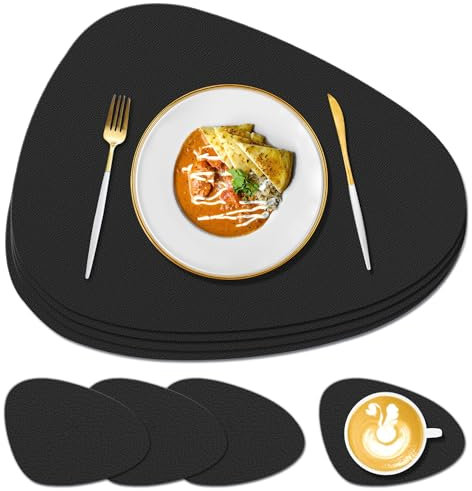 KERYCHIN Silicone Place Mats and Coaster Set of 4, Heat Resistant 450 °F, Non-slip Texture Design, Washable Placemat, Easy to Clean, Wipeable Dining Accessories for Kitchen, Outdoor Glass Table, Black