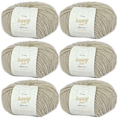 Alpaka Garn -6x Happy Wool alpaca mix sand (Fb 28)- 6 Knäuel Wolle beige + GRATIS Label; Wolle mit Alpaka; 50g/80m; Nadelstärke 7-8mm; Mischwolle zum Stricken; weiße Wolle zum Stricken