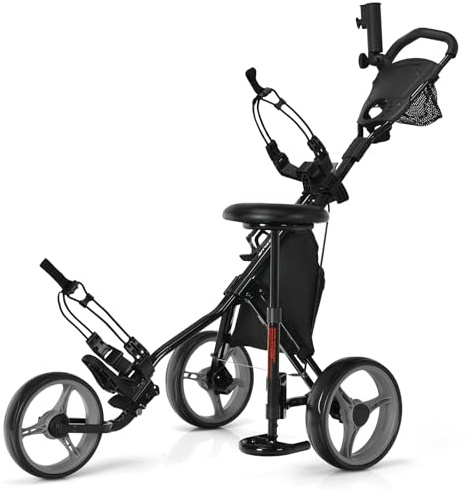 COSTWAY 3 Wheel Golf Push Pull Cart, Lightweight Foldable Golf Trolley with Adjustable Height Handle, Umbrella Stand, Cup Holder and Foot Brake