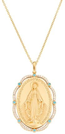 Amen Gioielli, Collana con Medaglia Miracolosa, Collana Donna Argento 925 Dorata, Zirconi Bianchi e Turchesi, Regalo Donna
