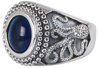 Oktopus Ring für Herren 925 Sterling Silber Seeungeheuer Kraken Tintenfisch Ring mit Blauem Stein Offen Verstellbar