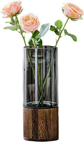 BAKAMITAYI Vase à fleurs cylindrique en bois avec base en bois, 25,4 cm de haut, style rustique bohème classique pour cheminée, chambre à coucher, cuisine, salon, centre de table, bureau