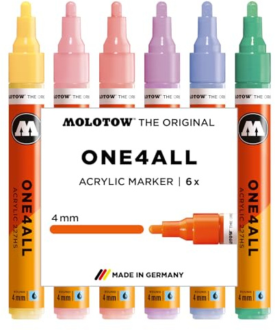 Molotow One4All 227HS Acryl Marker Pastel Classic Set (4,0 mm Strichstärke, hochdeckend und permanent, schnell trocknend, nachfüllbar, für fast alle Untergründe) 6 Stück sortiert