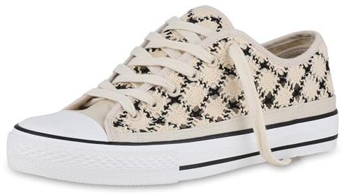 VAN HILL Damen Sneaker Low Flach Spitze Bequem Schuhe 215782 Beige Schwarz 42