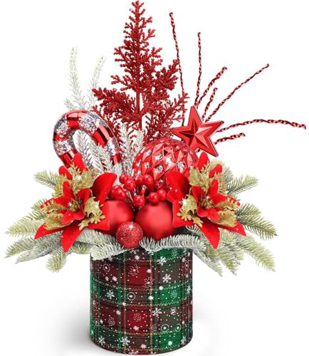 Hatisan Kleine Weihnachtsbäume, künstlicher Mini-Weihnachtsbaumschmuck mit Weihnachtsschmuck, für Zuhause, Party, Erntedankfest, Weihnachtsdekoration, rot-innen (große Krücke, rund)