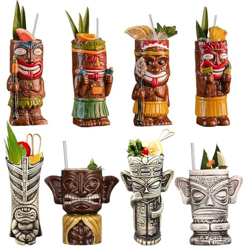 Vinbcorw Ensemble de Tasses Tiki, 4/8 pièces de Verres Tiki pour Cocktails, Tasses en céramique Tropicales, fête Tiki hawaïenne, ustensiles de Bar Exotiques tropicaux de qualité supérieure,D