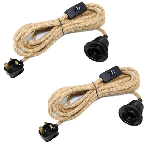 2 Pack Hemp Rope Plug in Pendant Lighting, E27 Lamp Holder with Switch und 510 CM Cable, Plug in Ceiling Light, Vintage Suspended Hanging Light Kit, Rope Cord Light Fitting, Village Creativity Lamp