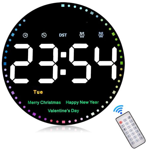 Grande Horloge Murale Numérique LED 10 avec Télécommande - Réveil, Date, Jour, Température, Minuterie, Compte à Rebours, 2 Alarmes - Sans Tic-Tac, Luminosité Réglable, Design Moderne